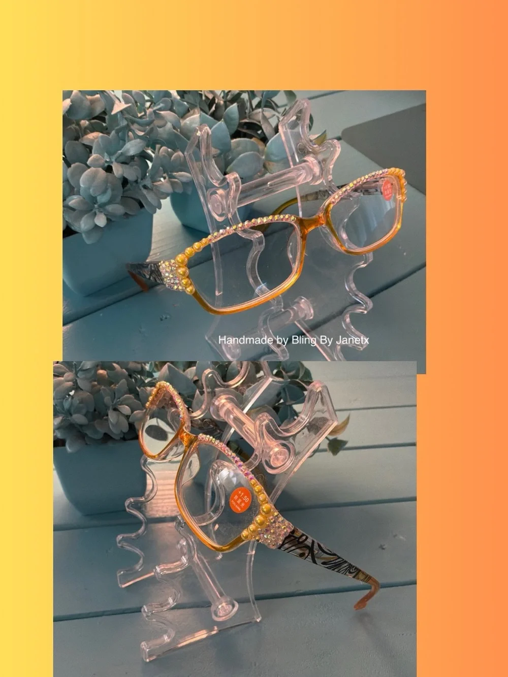 Handmade Crystal-Embellished Reading (+1.50) Glasses - Yellow